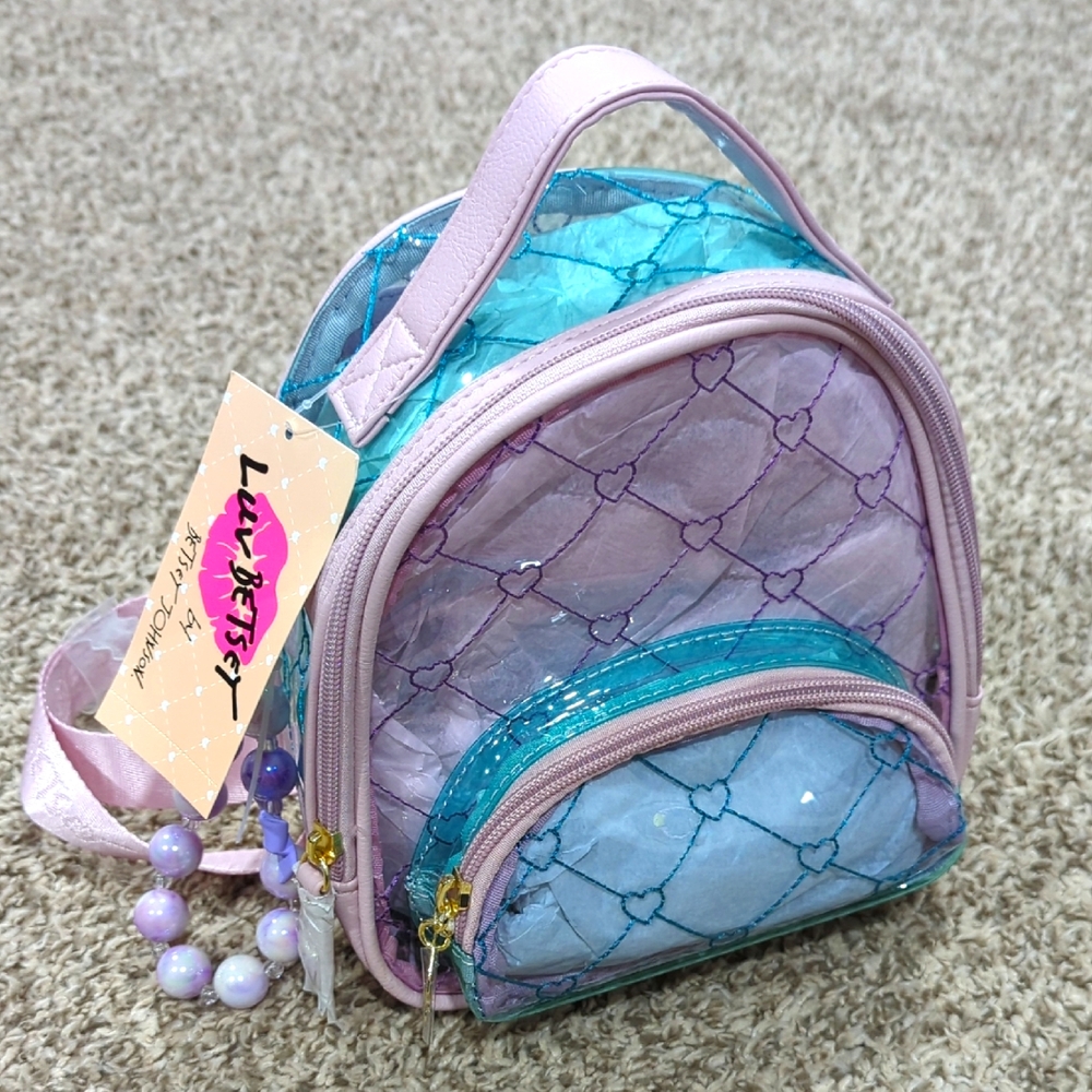 Betsey Johnson Clear Mini Backpack Quilt Pattern Purple Blue Heart Wristlet